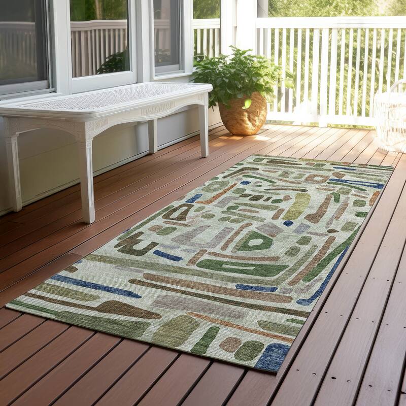 Machine Washable Indoor/ Outdoor Global Geo Chantille Rug - Aloe - 2'3" x 7'6"