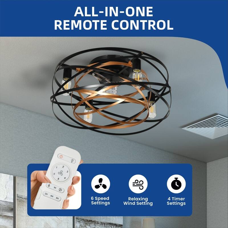 22'' Low Profile Ceiling Fans with Lights and Remote Control, 6 Speeds Caged Flush Mount Ceiling Fans