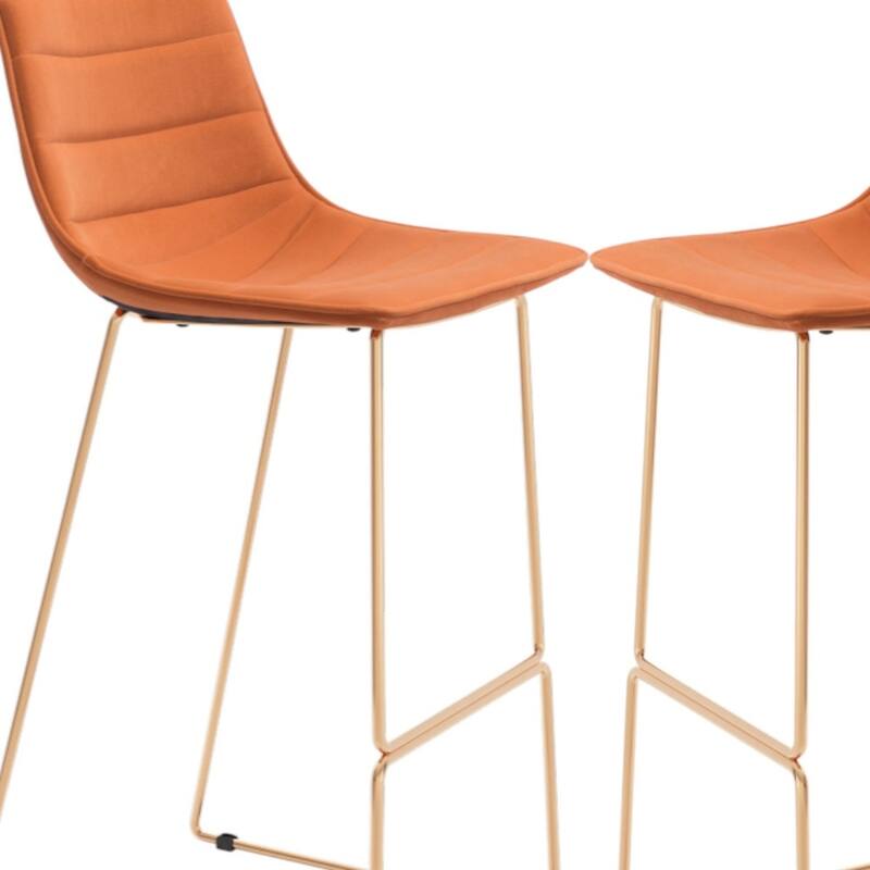 Set of 2 Orange Velvet Bar Height Chairs Modern Gold Frame Stools with Footrest and Backrest - 40.2”H x 18.5”W x 19.5”D