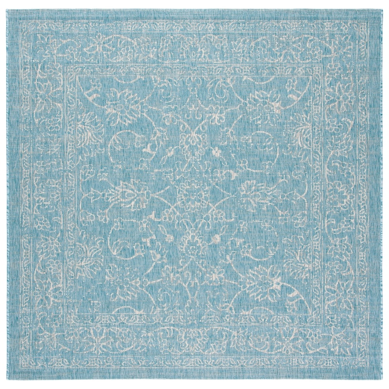 SAFAVIEH Courtyard Aquata Indoor/ Outdoor Waterproof Patio Backyard Rug - 7'10" Square - Aqua/Grey