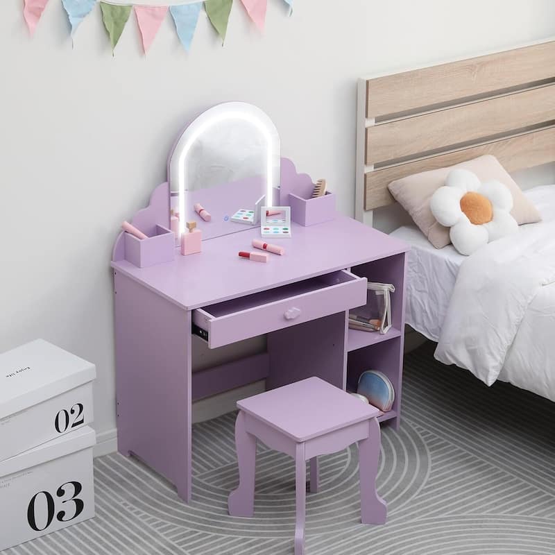 2 in 1 Kids Vanity Table & Stool with Lighted Mirror