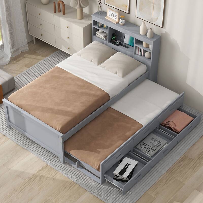 Twin & Full Size Platform Bed with Storage Headboard, USB, Twin Size Trundle and 3 Drawers