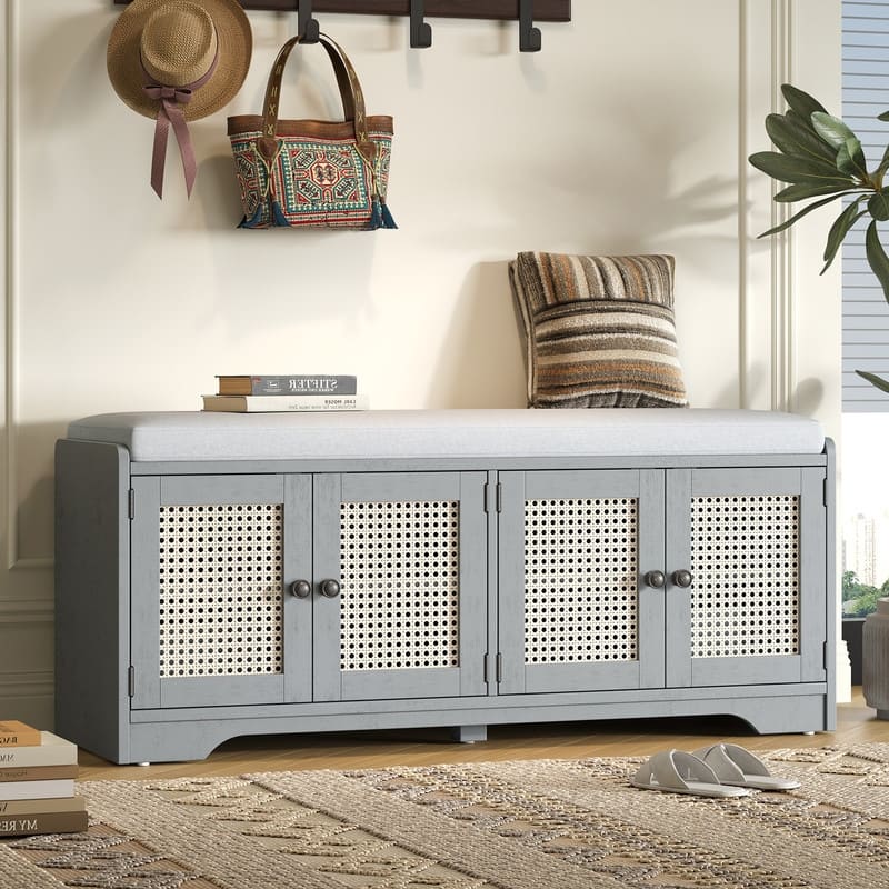 Rustic 47.4" Storage Bench Multifunctional Wooden Entryway Organizer with Removable Cushion and Rattan Doors - Grey