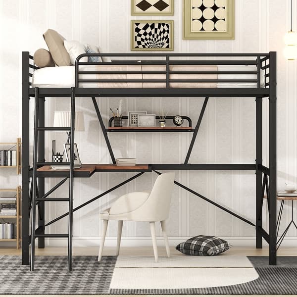 slide 2 of 22, Metal & MDF Full Size Loft Bed with Desk and Shelf Black