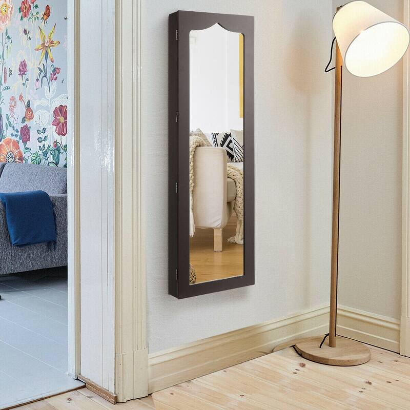 Gymax Lockable Wall Door Mounted Jewelry Cabinet LED Mirror Brown - See Details