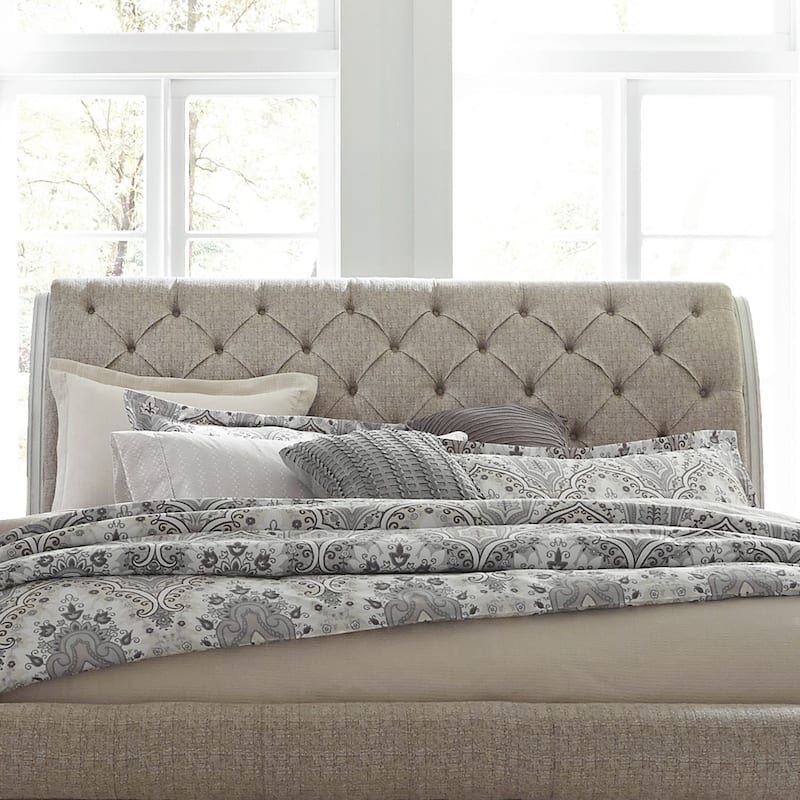 Magnolia Manor Antique White Weathered Bark Upholstered Sleigh Headboard, King or Queen