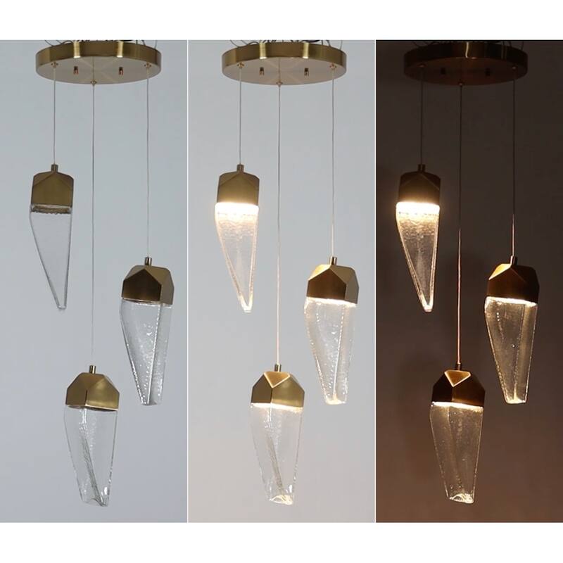 Modern 3-Light LED Cluster Pendant Gold Irregular Crystal Glass Chandelier