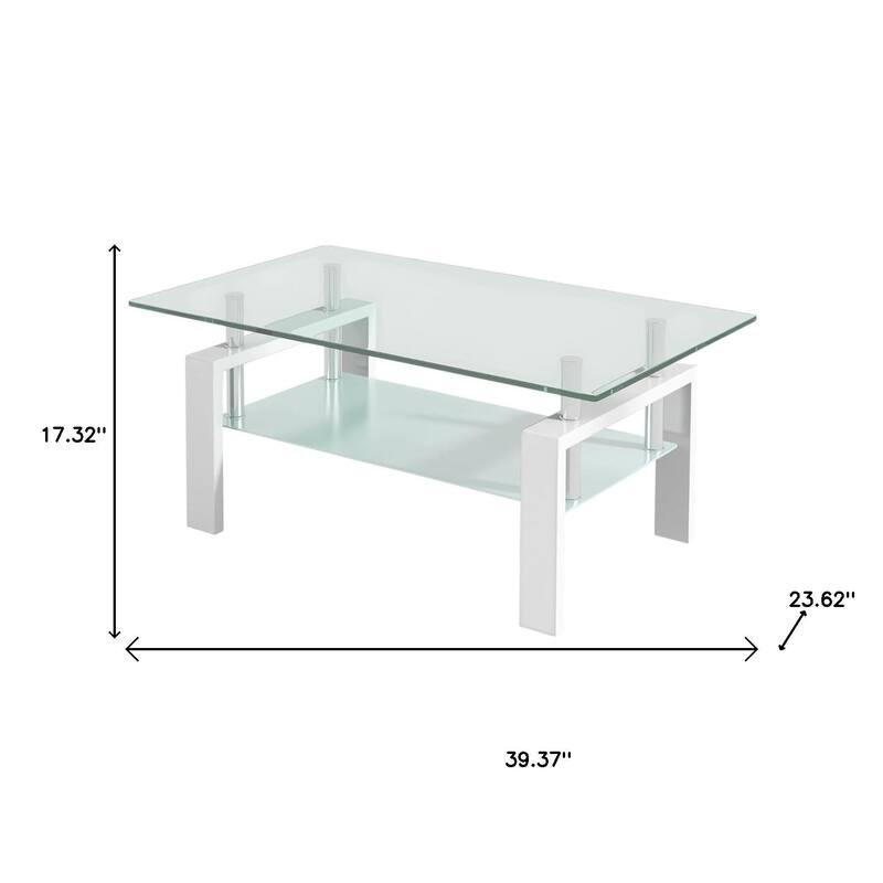 HomeRoots 39" Clear and White Glass and Steel Coffee Table With Shelf - 39.37 in. x 17.32 in. x 23.62 in.