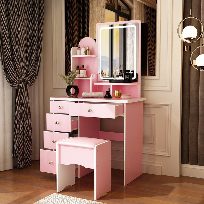 Vanity Desk with LED Lighted Mirror, Makeup Vanity Table with Drawers, Shelves and Stool