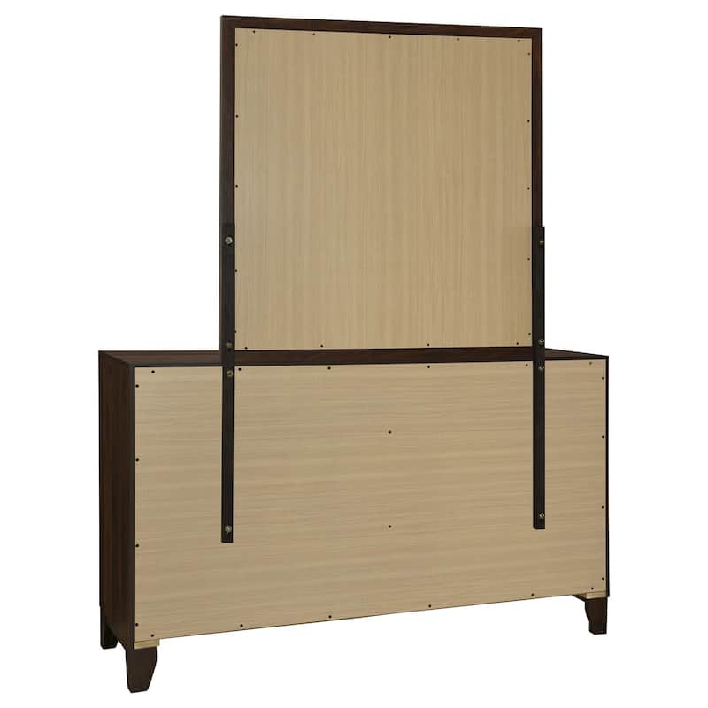 6-Drawer Walnut Dresser and Mirror Set with Warm Finish, Smooth Glide Drawers, and Contemporary Bedroom Style