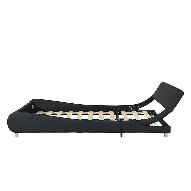 Queen Platform Bed Frame, Faux Leather Upholstery, LED Lighting, Curve Design,Black