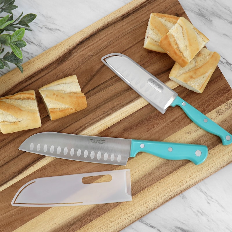 Martha Stewart Everyday Keswick 2 Piece Santoku Knife and Sheath Set in Teal