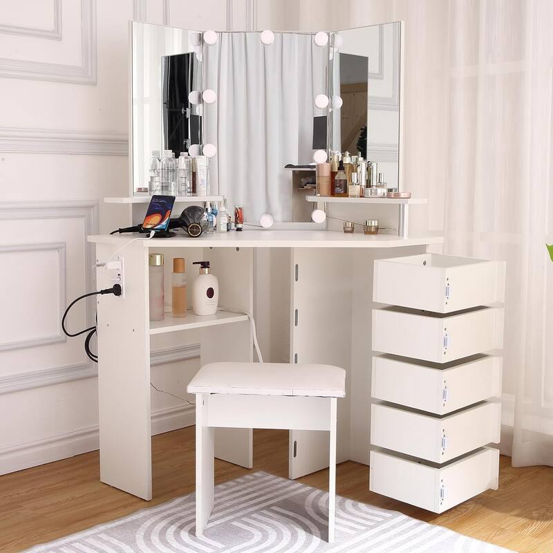 Makeup Vanity Desk with Lights & Power Outlet, Corner Vanity Table with 5 Rotating Drawers