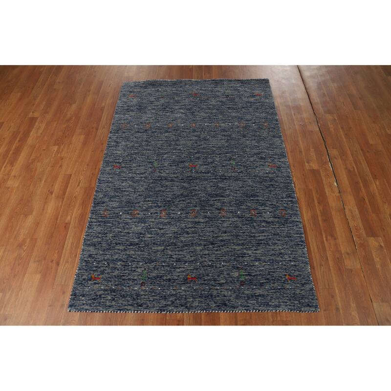Hand Knotted Oriental 100% Wool Carpet Tribal Stripe Navy Blue & Blues Gabbeh Area Rug - 5' 10'' X 4' 0''