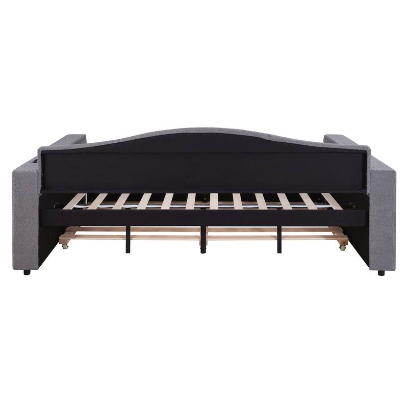 Gray Full Size Upholstered Daybed with Storage Armrests, Trundle & Bluetooth