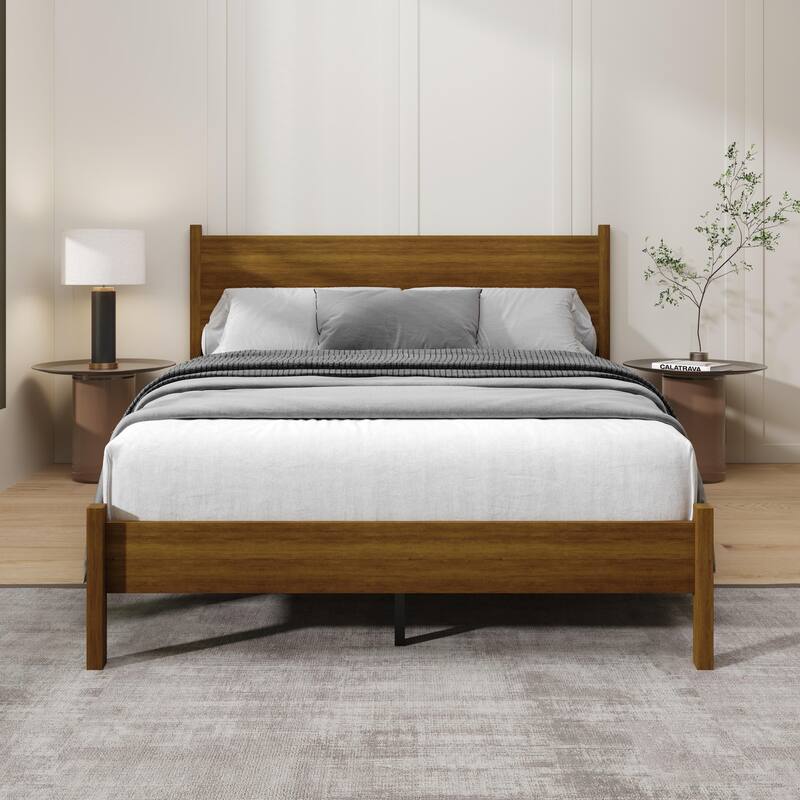 Clayfell Branford Solid Wood Platform Bed Frame with Panel Headboard and Full Slat Support - Brown - Queen