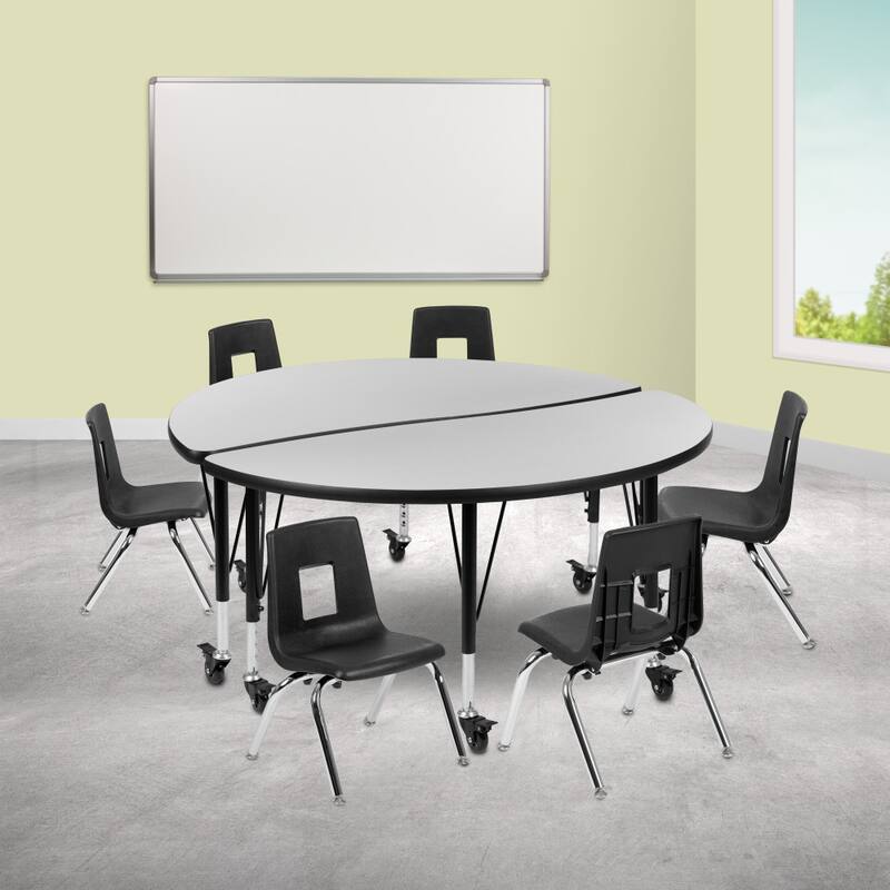 Mobile 47.5" Circle Wave Flexible Activity Table Set - 12" Student Stack Chairs - Grey