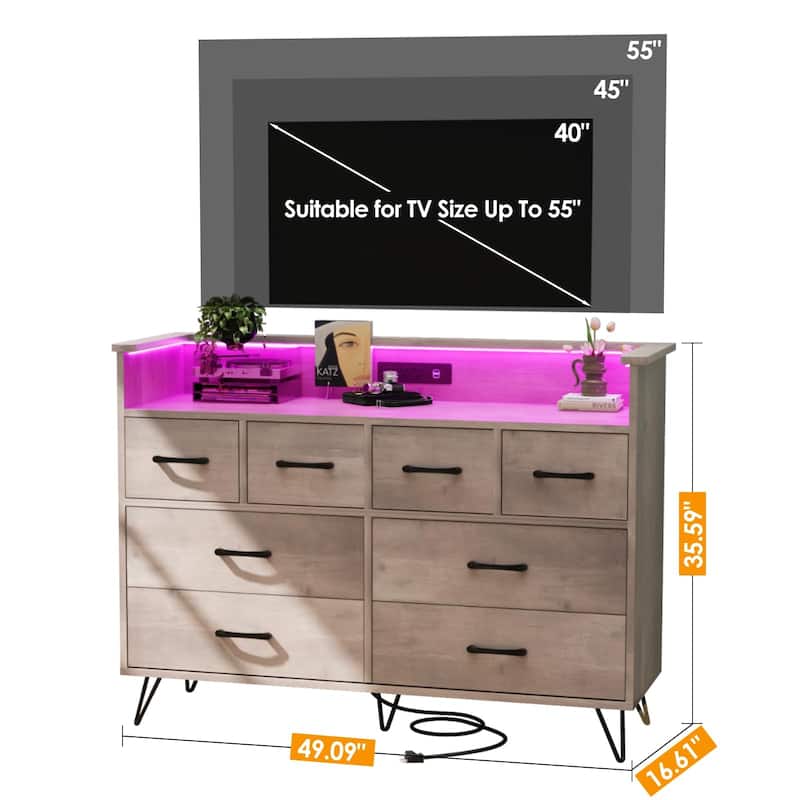 8 Drawer Dresser for Bedroom with LED Light, Charging Station & Open Shelf