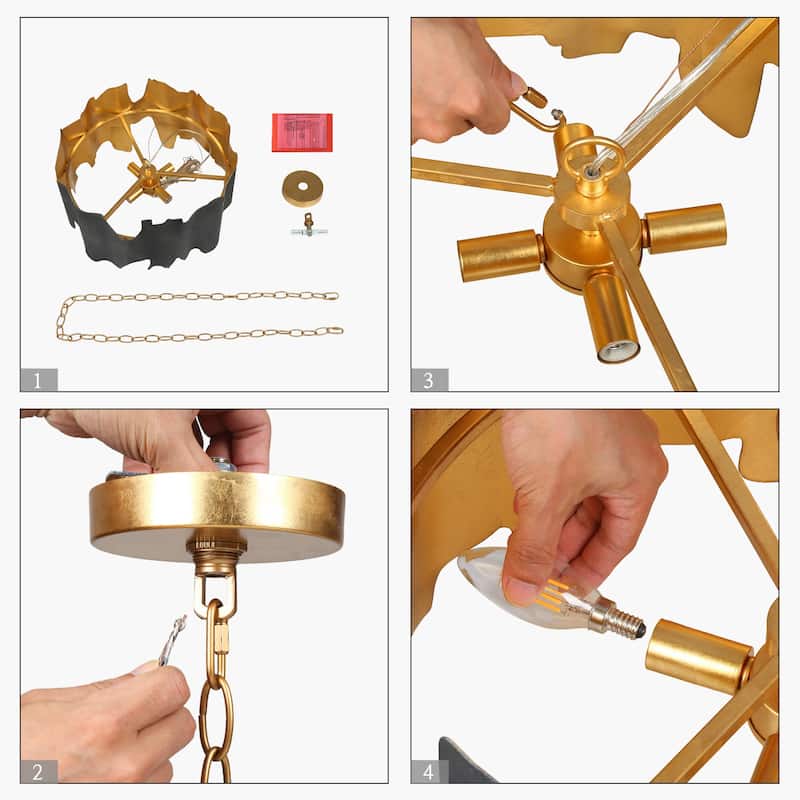 Modern 4-Light Drum Black Gold Chandelier for Dining Room Bedroom - 18.9" Dia. x 12.6" H