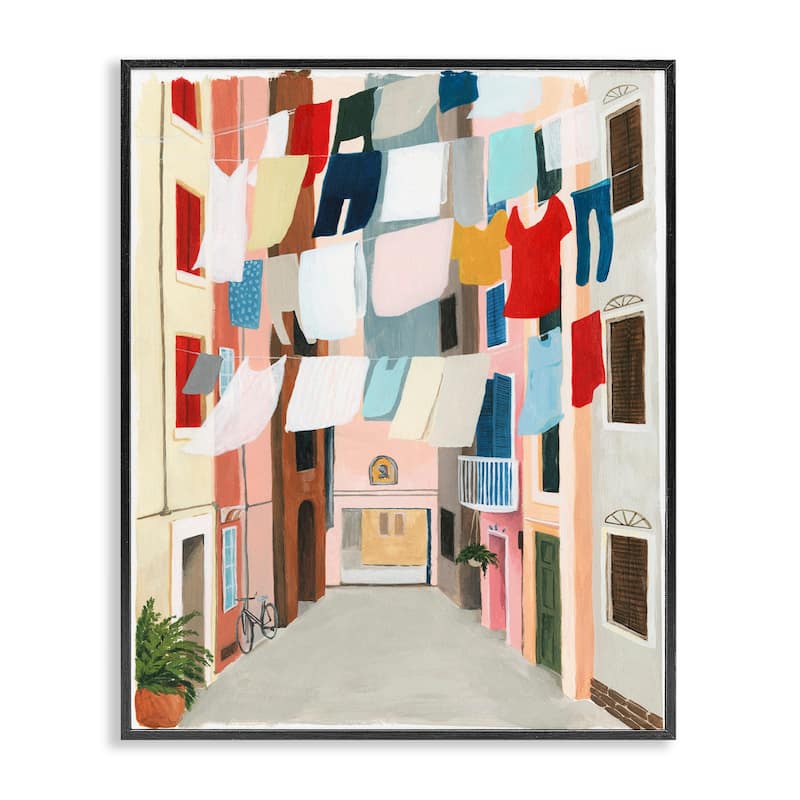 Stupell Colorful Laundry Day Clothes Line Between Apartments Framed Art, 11 x 14, Design By Artist Grace Popp - 16 x 20 - Black