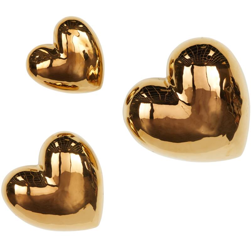Ceramic Heart Slanted Home Wall Decor with Varying Sizes - Set of 3 Black, Gold, Silver, White - Roche River Decor - Gold
