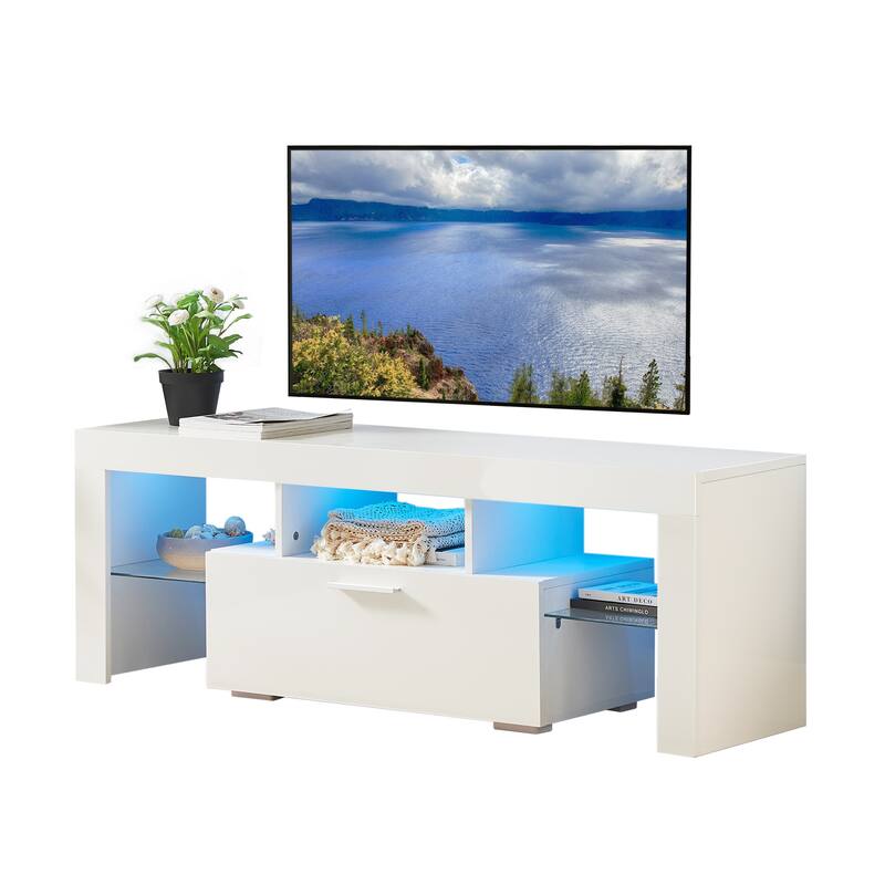 Modern 51-Inch TV Stand with 16-Color RGB LED Lights, Remote Control, and Storage Drawers for TVs up to 55 Inches.
