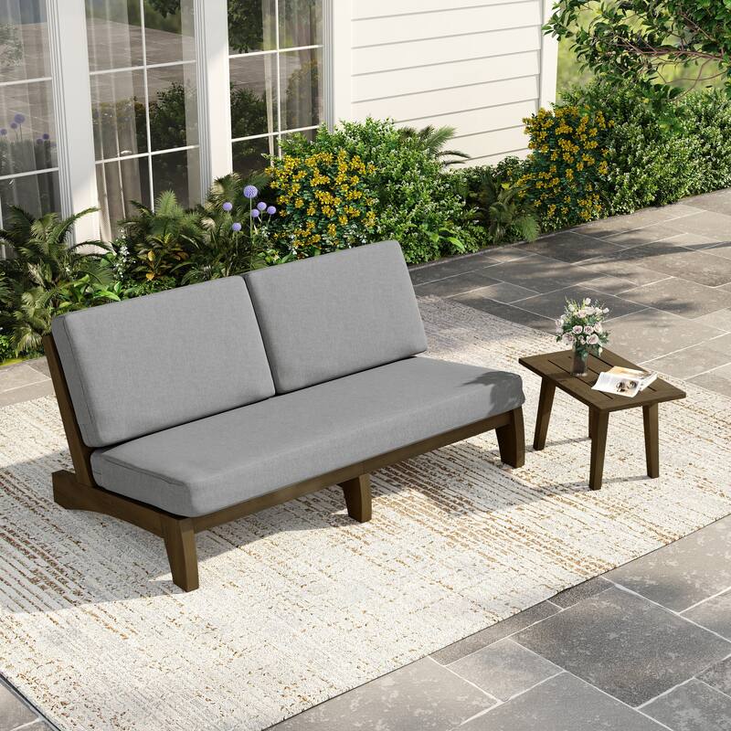 2-Piece Casual Teak Outdoor Patio Sofa Set with Side Table