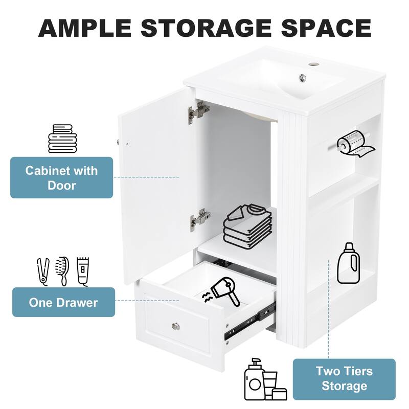20" Small Bathroom Vanity with Ceramic Sink, Soft-Close Drawer, Open Shelves & Towel Bar, Modern MDF Freestanding Cabinet