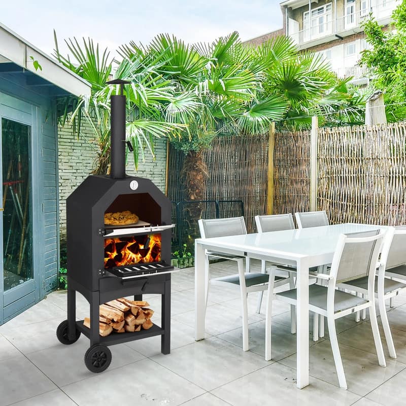 Freestanding Outdoor Wood-fired Pizza Oven with Thermometer and Wheels - N/A