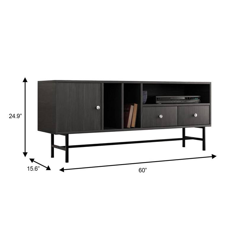 Rochester Multifunctional 60" Modern Wood TV Stand with 2 Drawers, Open Shelves, Enclosed Cabinet, and Powder Coated Steel Legs