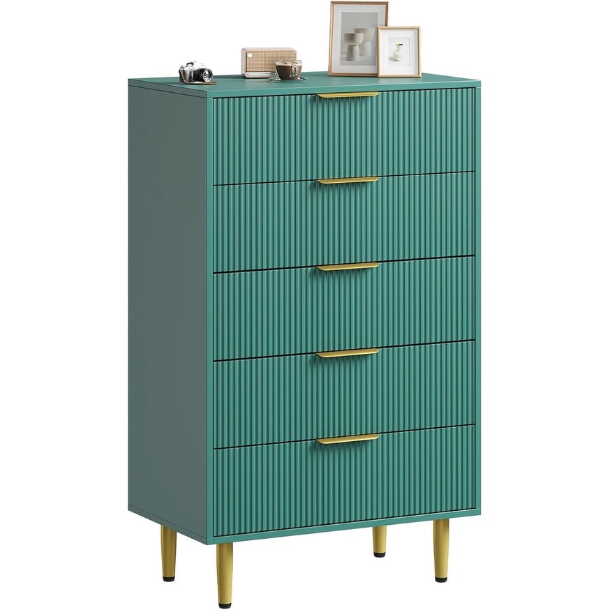 5-Drawer Fluted Wooden Dresser with Metal Handle & Feet