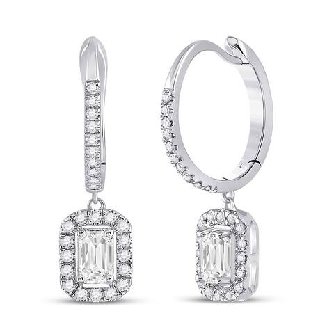 14k White Gold 1 Carat Emerald Diamond Hoop Dangle Earrings for Women
