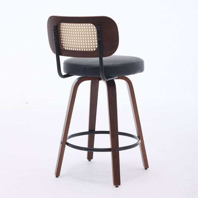 26" Swivel Rattan Bar Stools - Walnut Finish Counter Height Stools with Upholstered Seat