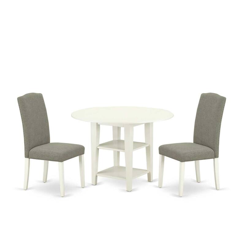 French Country Dining Set - 3Pc Table & 2 Chairs - Linen White Legs - Dark Shitake Fabric