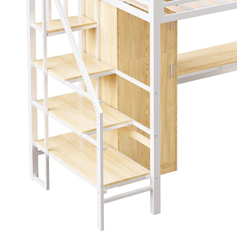 Full-Size Metal Loft Bed with Built-in Wardrobe, L-Shaped Desk, Charging Ports, and Multi-Layer Storage Shelves