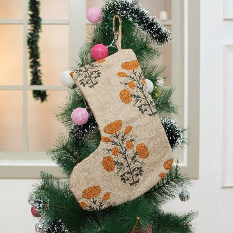 Fabdivine Linen or Cotton Hand Block Home Decorative Christmas Stockings - 16"X6.5"