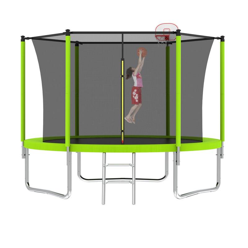 Outdoor Kids Trampoline with Basketball Hoop and Ladder, with Safety Enclosure for Backyard Fun