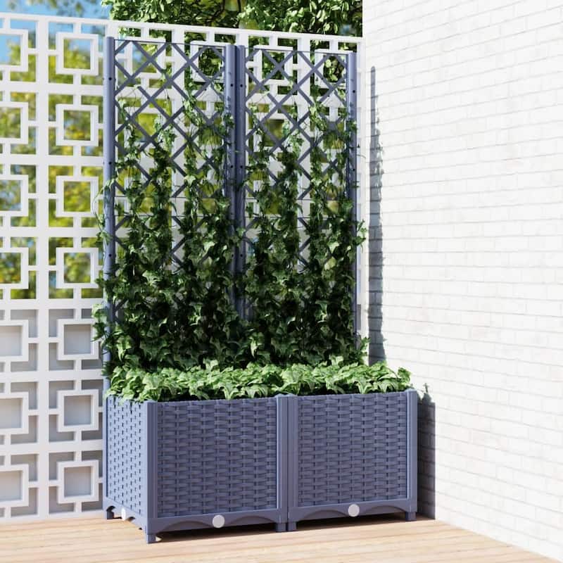 vidaXL Garden Planter with Trellis Plant Pot Flower Box Raised Bed Outdoor PP - 31.5" x 15.7" x 53.5" - Blue gray