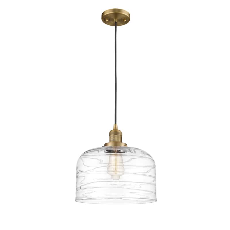 Innovations Lighting Franklin Restoration Bell - 1 Light 12" Cord Hung Mini Pendant - Brushed Brass/Clear Deco Swirl