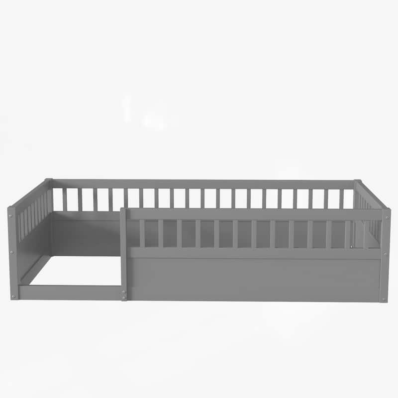 Kids Floor Bed Frame Toddler Montessori Low-Profile Floor Bed with Solid Wood Baffle Fence, No Slats No Door for Children's Room