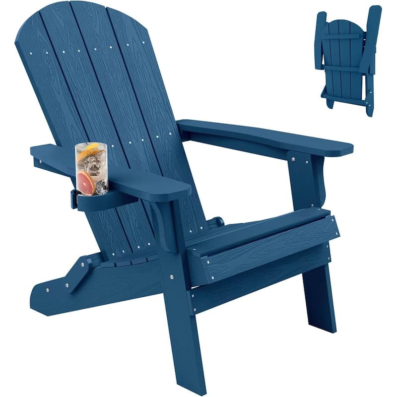 WINSOON All Weather HIPS Oversized Folding Adirondack Chair with Cup Holder - Navy