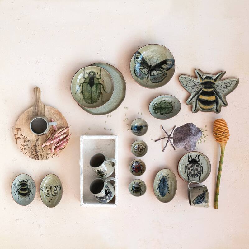 Stoneware Plate Set with Insect and Bird Designs