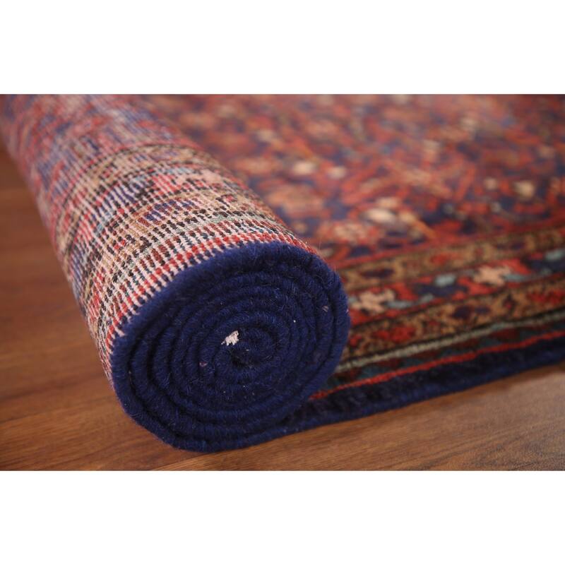 Hand Knotted Oriental 100% Wool Carpet Traditional Geometric Navy Blue & Blues Mahal Runner Rug - 9' 8'' X 3' 7''