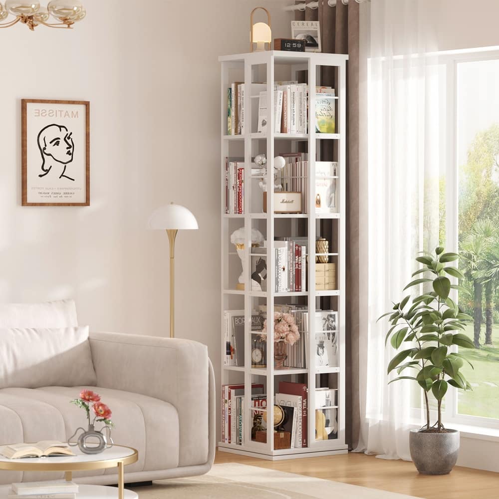 5-Tier Corner Rotating Bookshelf, 360 Display Wood Spinning Bookshelf, Floor Standing Bookcase Organizer Storage Rack