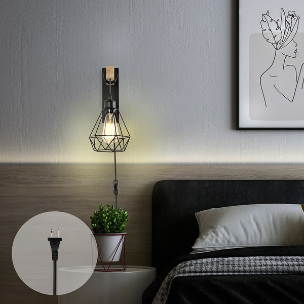 Cottage Life Plug in Wall Sconces Farmhouse Wood Wall Light Fixtures Set of 2 Size Black Plug in 2