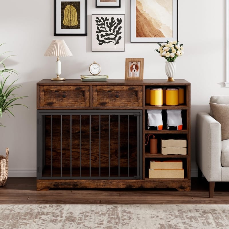 Wooden Dog Cage Furniture Indoor Crate Kennel TV Stand with Drawers Shelves