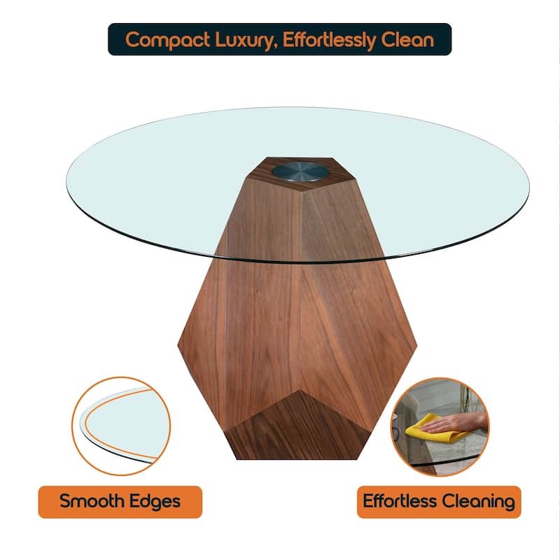 Nebo Round 47" Tempered Glass or Sintered Stone Top Dining Table with Geometric Design Ashwood Pedestal Base Kitchen Table