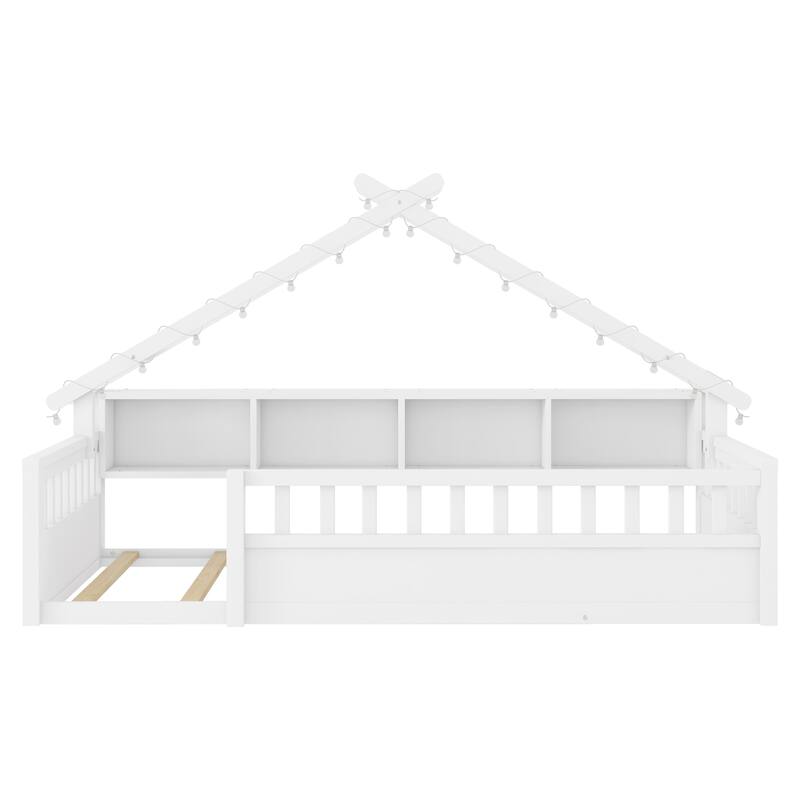 House-shaped Daybed Kids Wood House Bed Montessori Toddler Floor Bed with Roof Shape Storage Bookshelves and Light