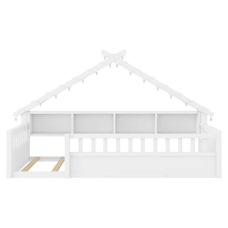 Twin/Full Floor Bed with Storage Bookshelves & Roof Shape for Kids