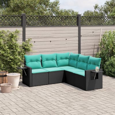 vidaXL 5 Piece Patio Sofa Set with Cushions Black Poly Rattan